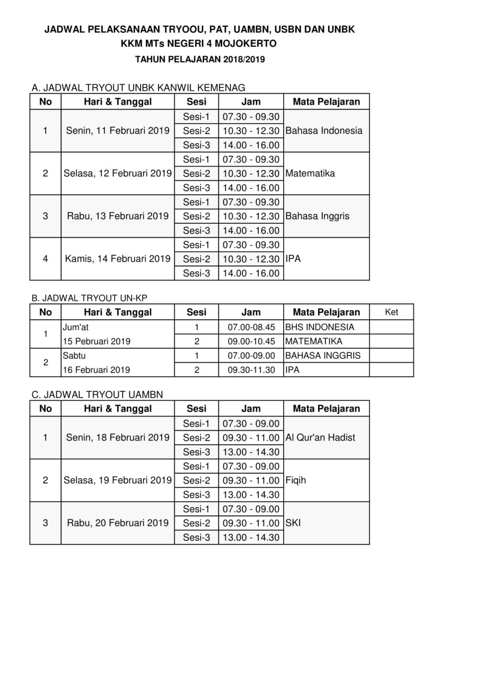 Lampiran gambar: JADWAL PELAKSANAAN UJIAN AKHIR TAHUN KELAS 9 TP 2018/2019